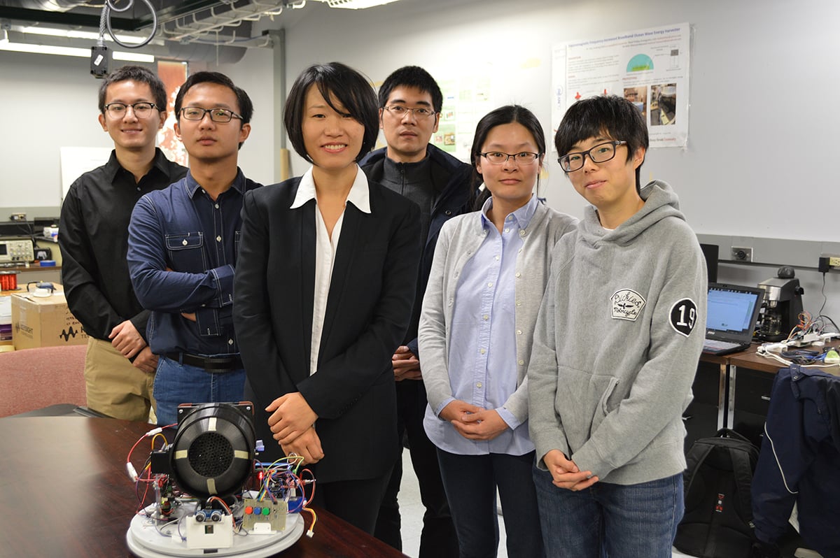Ya Wang, center, and her mechanical engineering students are testing the SLEEPIR sensor prototype in the laboratory. Source: Stony Brook University
