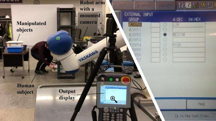 To test how well the algorithm might work in a warehouse, the researchers had a robot (white arm) monitor 10 participants performing activities in a warehouse-like setting. Within three seconds of the end of each activity, the robot showed a score on its display (right). Source: Parsa et al./IEEE Robotics and Automation Letters