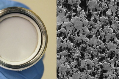 Liquid-gated membranes (left) offer a more economical, less energy-intensive way to filter substances from liquids. Their specially coated, porous surfaces (right, SEM image) resist accumulation and can be tuned to allow particles of specific sizes to pass through. Source: Wyss Institute at Harvard University