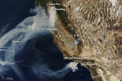 Satellite images of the Camp Fire and the Hill and Woolsey fires in California, taken Nov. 9, 2018, by the Moderate Resolution Imaging Spectrometer on NASA's Terra satellite. Source: NASA Earth Observatory