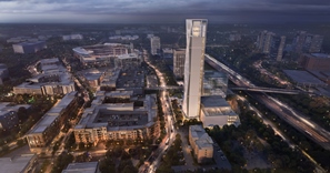 (Click to enlarge.) Artist's concept of the elevator test tower and office complex. 