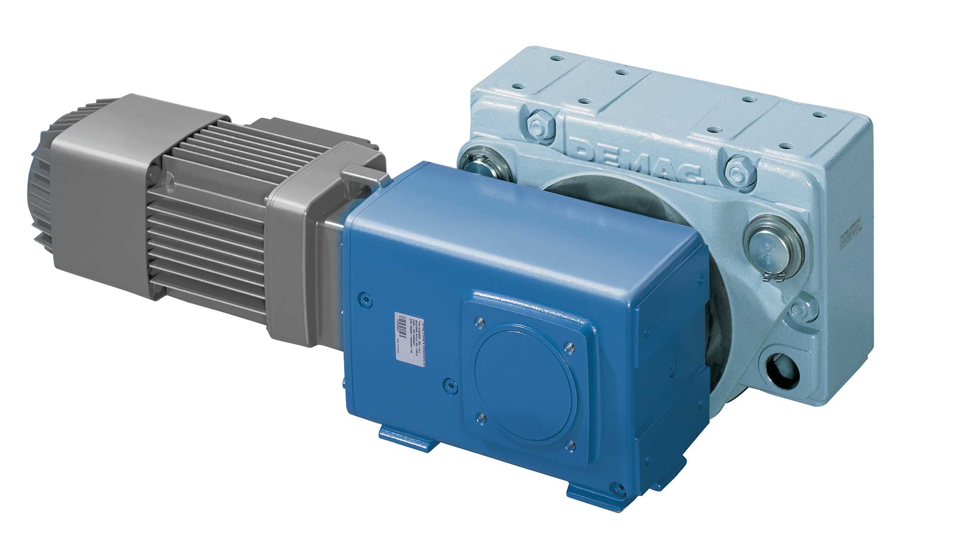 Figure 6: The gearbox, seen here in blue, connects the motor and wheel to translate the RPM of the motor into the appropriate linear speed for the wheel. Source: Demag