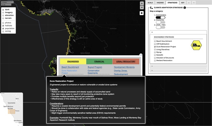 Screenshot of the online viewer tool highlighting coastal segments along Monterey Bay where a dune restoration project is feasible (yellow hexagons) in Monterey and Santa Cruz Counties. The tool enables users to filter from 15 adaptations strategies and list potential tradeoffs, policy considerations, and examples of successful implementation. Source: Stanford University