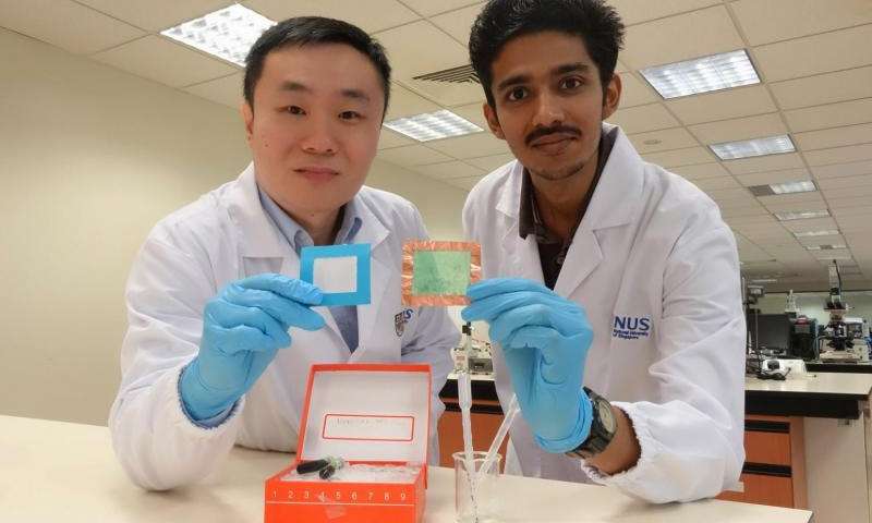 Assistant Professor Tan Swee Ching (left), Mr. Sai Kishore Ravi (right) and their team from the National University of Singapore's Faculty of Engineering has developed a novel nanofibre solution that creates thin, see-through air filters (held by Mr. Sai) that can remove up to 90 percent of PM2.5 particles and achieve 2.5 times better air flow than conventional air filters.  Image credit: National University of Singapore