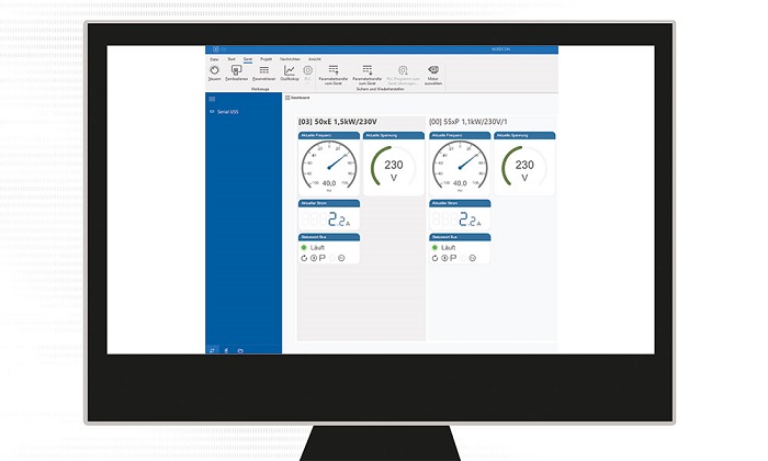 The NORDCON 3.0 Windows app offers a clean design with a ribbon style toolbar for quick access to functions and a visualization-based dashboard for optimal drive monitoring of application-relevant information. Source: NORD Drivesystems