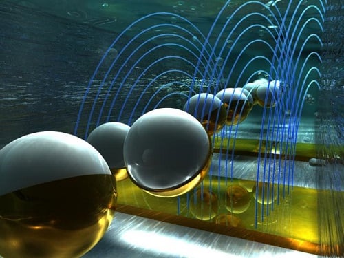 An artist’s rendition of microparticles flowing through a channel and passing through electric fields where they are barcode scanned. Source: Rutgers University 