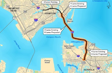(Click to expand.) The project is designed to add new interstate capacity and twin two-lane bored tunnels along nearly 10 miles of Interstate 64 between Hampton and Norfolk. Source: VDOT