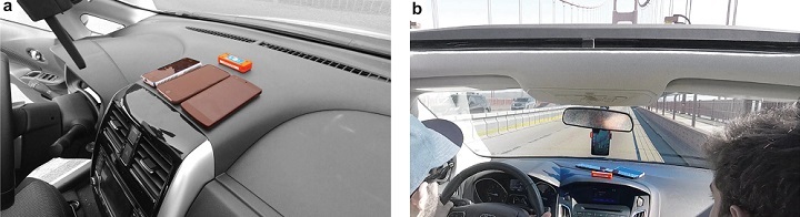a) Sensor layout on the dashboard of the first vehicle used to collect data for the first 50 trips, and b) Sensor layout on dashboard of the second vehicle used to collect data during 52 trips across the Golden Gate Bridge. Source: Commun Eng 1, 29 (2022)