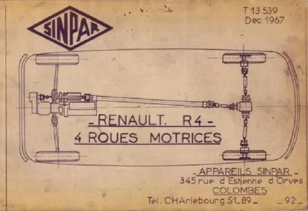Engineering drawing for Sinpar's four-wheel-drive Renault 4