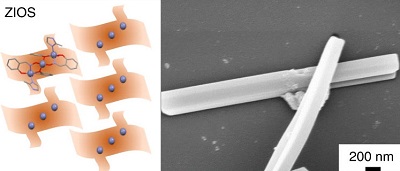 Schematic diagram of a ZIOS network (left) and a scanning electron microscopy image of a ZIOS-copper sample on a silicon wafer (right). Source: Ngoc T. Bui et al.