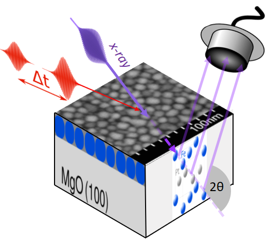Two laser pulses hit the thin film of iron-platinum nanograins at short intervals: the first laser pulse destroys the spin order, while the second laser pulse excites the unmagnetized sample. An X-ray pulse then determines how the grid expands or contracts. Source: M. Bargheer/University of Potsdam