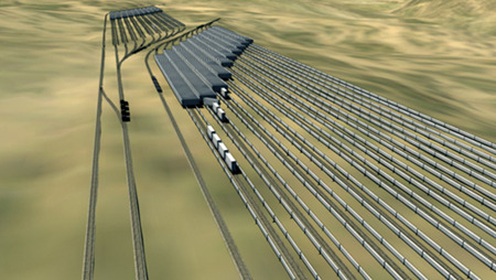 Artist's rendering of the storage yard. Note the pivoting load on the rail car. Image source: ARES North America.