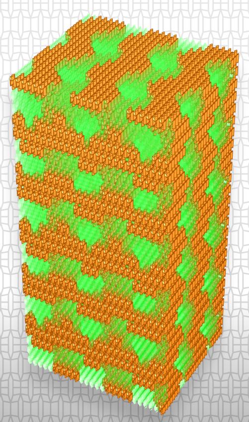 This image shows how two types of origami-inspired materials can be woven into a single structure. The orange and (semi-transparent) green portions each have their own distinct properties and allow the composite to exhibit unique behavior not possible with just the one type of building-blocks. Image credit: Nan Yang, Jesse L. Silverberg