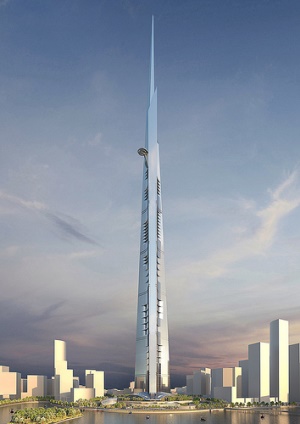 Kingdom Tower is under construction and is slated to be the first building to exceed 1 km in height. Image source: Wikipedia