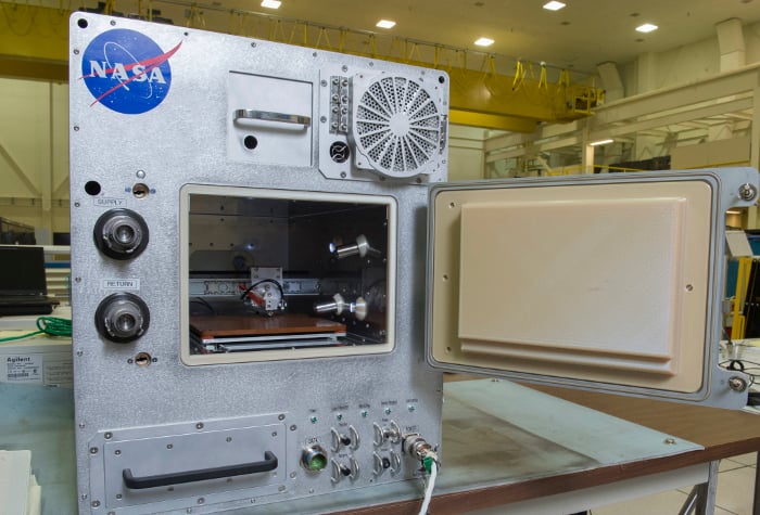Technology demonstration unit of the Refabricator recycler and 3D printer that will be tested at NASA's Marshall Space Flight Center before a flight unit is launched to the ISS in April 2018. Source: NASA/MSFC/Emmett Given