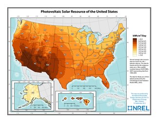 (Click to enlarge) The National Renewable Energy Laboratory maps solar PV potential in the U.S. 