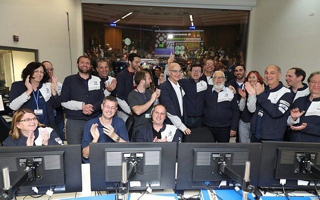 Engineers celebrate in the Beresheet control room on April 4, 2019, after announcing the moon’s gravitation pull has most likely successfully captured the Beresheet spacecraft. Source: Eliran Avital/courtesy Beresheet