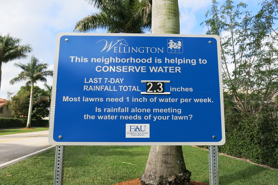 A highly visible road sign and simple communication to hundreds of households in South Florida resulted in an astounding 61 percent decrease in lawn watering in the experimental households as compared to the control group. Image credit: Florida Atlantic University