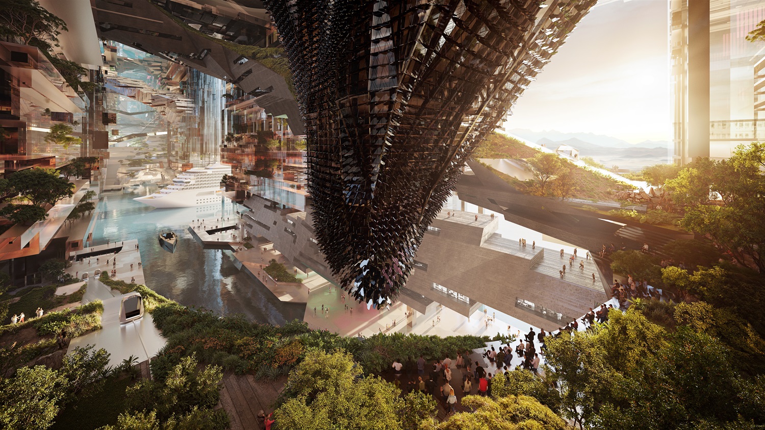 Artistic interpretation of The Line, which features ample public space and flora. Source: Neom