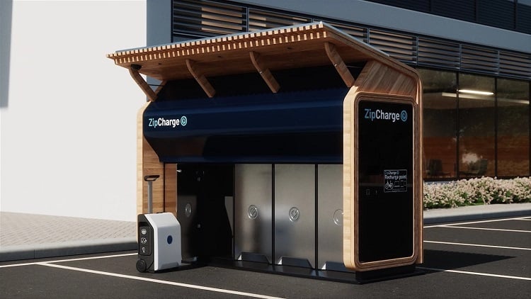 The GoHub module is designed to host five or 10 Go EV power banks in a standard parking space. Source: ZipCharge