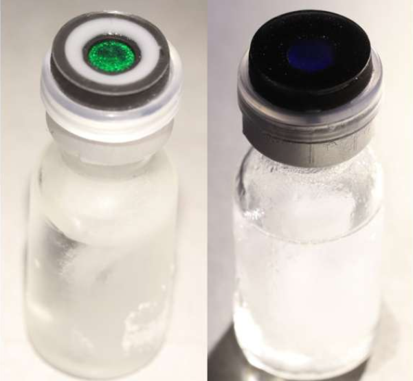 Appearing green on a vial lid (left), this structural color material becomes colorless (right) when warmed. Source: Adapted from ACS Nano 2023, DOI: 10.1021/acsnano.3c00467