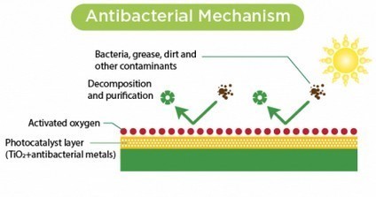 Figure 2. EverClean has antibacterial, anti-mold, anti-dirt and anti-odor properties. Organic substances are decomposed by the constant generation of activated oxygen. Source: Saint-Gobain