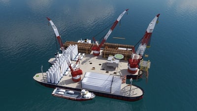 The floating port solution provides stable and secure storage for over 500,000 tons of substations, monopile foundations and wind turbine generator components. Source: Windthrust Ltd.