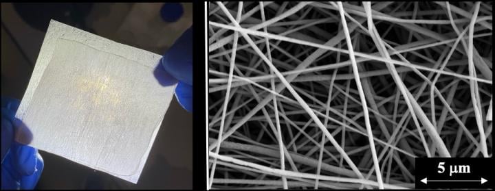 Left: A nanofiber filter that captures 99.9% of coronavirus aerosols; Right: A highly magnified image of the polymer nanofibers. Source: Yun Shen