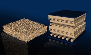 Microstructure of a traditional open-cell stochastic foam (left) and a 3D-printed foam (right). Image credit: LLNL.