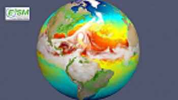 This simulation represents how sea surface temperature changes evolve as a hurricane (seen here approaching the U.S. East Coast) moves across the Atlantic and how the resultant cold wake affects subsequent intensification of the next hurricane. Source: Lawrence Livermore National Laboratory