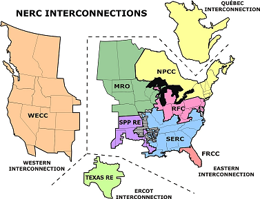 Map of NERC Interconnections. Credit: North American Electric Reliability Corporation. (Click to enlarge)