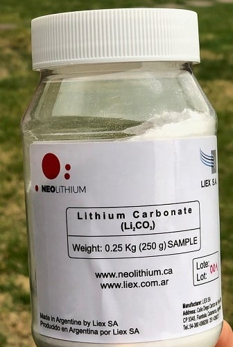 Lithium carbonate first batch. Source: Neo Lithium Corporation