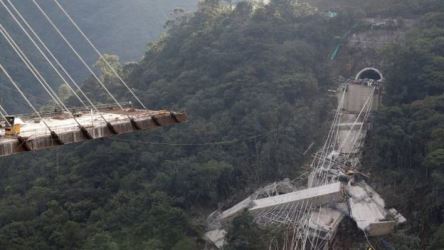 Image shows the collapsed bridge segment, including a support tower. Source: BBC/Reuters