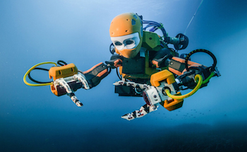 OceanOne's torso features a head with stereoscopic vision and two fully articulated arms. Image credit: Frederic Osada and Teddy Seguin/DRASSM.