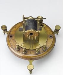 The central portion of Lord Kelvin's galvanometer; this version was intended for use at a land station. Image source: blog.sciencemuseum.org.uk/insight/2014/08/15/sending-messages-across-the-atlantic-156-years-on-from-the-first-transatlantic-cable/