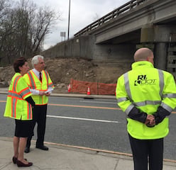 Rhode Island Governor Gina Raimondo (left) meets with RIDOT officials to view the McCormick Quarry Bridge construction site. Image credit: RIDOT.