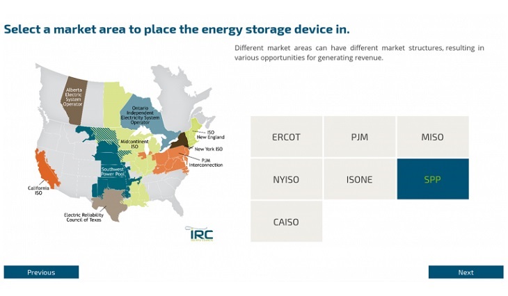 Projected revenues are summarized after a user selects a market area and energy storage device. Source: U.S. Sandia National Laboratories 