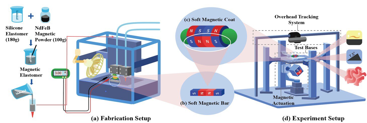Overview: (a) Fabrication Setup with 180 g silicone + 100 g NdFeB composite, (b) Soft magnetic bar with programmable polarity, (c) Capsule's soft magnetic coat for rolling and directional rotating, (d) Experiment setup with diverse test bases. Source: Zhou et al.