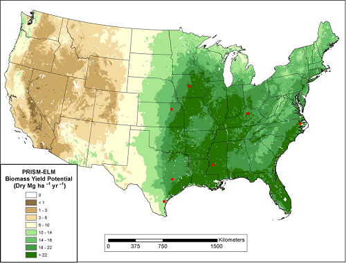 Biomass yield potential of sorghum for the U.S. generated using the PRISM-ELM model and based in part on Regional Feedstock Partnership Field Trials (red dots). Source: U.S. Department of Energy