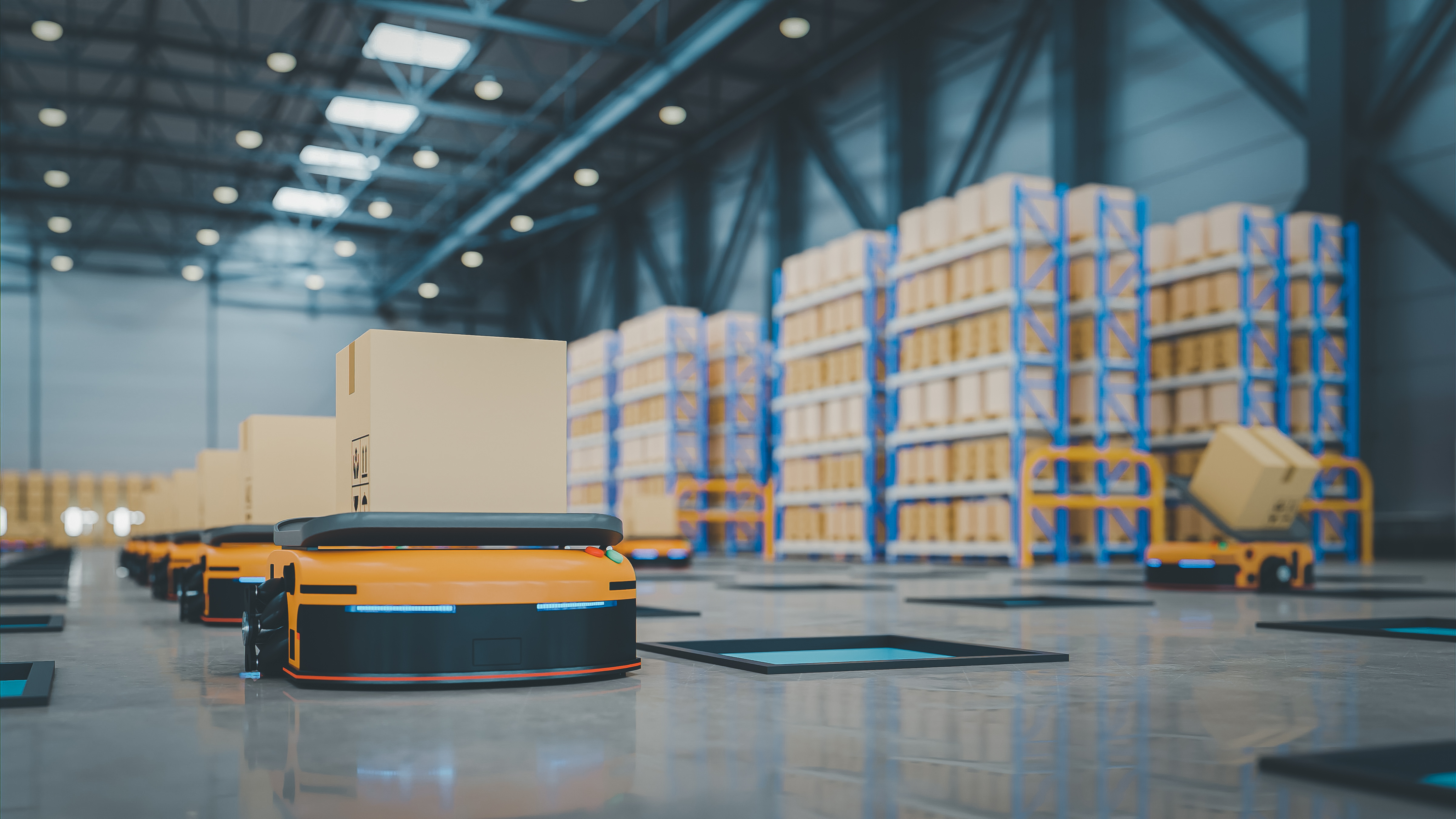 AMRs can communicate with one another, stopping and starting in tandem. This allows for reduced following distances and very few collisions. Source: Vanitjan/Adobe Stock