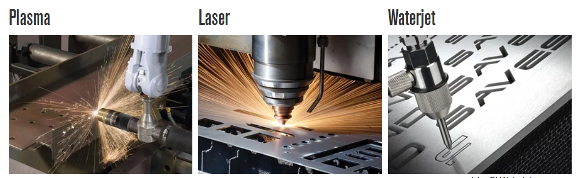 Figure 4. Examples of plasma, laser and waterjet cutting in action in fabricating sheet metal blanks. Source: Hypertherm