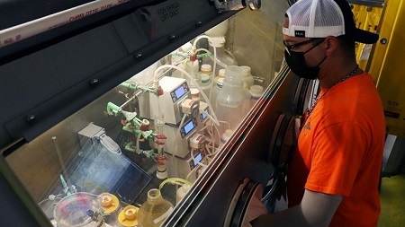 An Isotek employee processing U-233 inside a glovebox at ORNL Source: ORNL
