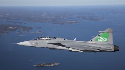 Saab’s Gripen has completed initial test flights with 100 percent biofuel. Image credit: Saab