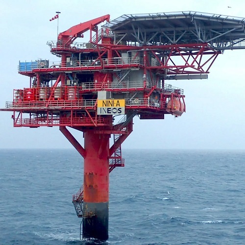 This oil platform in the North Sea is now running in reverse, pumping CO2 into the depleted oil reservoir below. Source: Ineos Energy