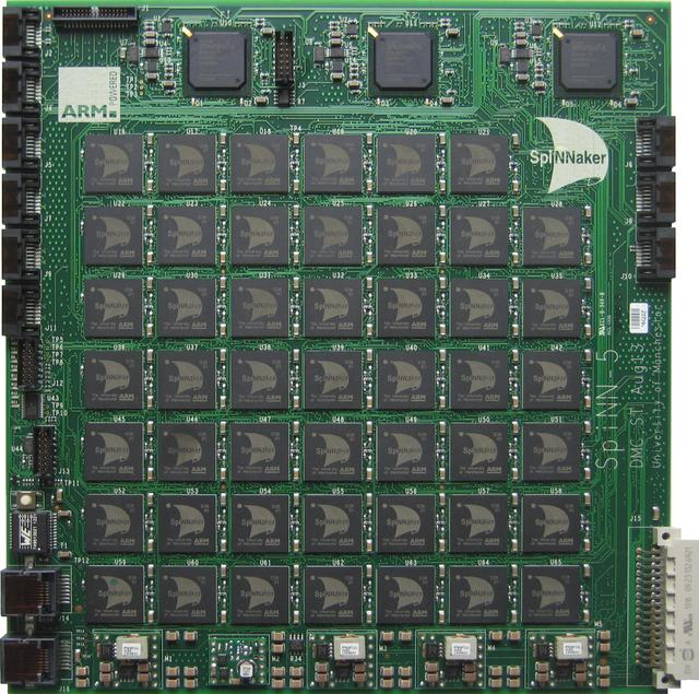 Each of SpiNNaker’s Spinn-5 circuit boards contains 48 chips with 18 processing cores per chip. Source: IEEE International Joint Conference on Neural Networks