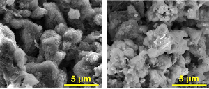 Scanning electron microscope images show an anode of asphalt, graphene nanoribbons and lithium at left and the same material without lithium at right. The material shows promise for high-capacity lithium batteries that charge 20 times faster than commercial lithium-ion batteries. Source: The Tour Group/Rice University