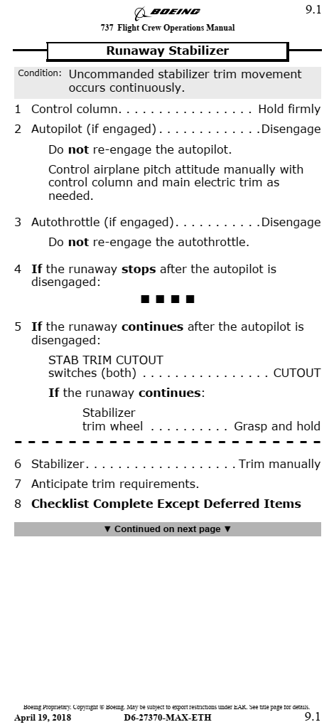 Figure 8. The runaway stabilizer checklist from Boeing’s 737 Max Flight Crew Manual contains the procedure necessary to disable automated stabilizer movement, including MCAS. Source: Ethiopian Airlines Flight 302 Preliminary Accident Investigation Report, Ministry of Transport of Ethiopia, via Aviation Safety Network. (Click image to enlarge.)