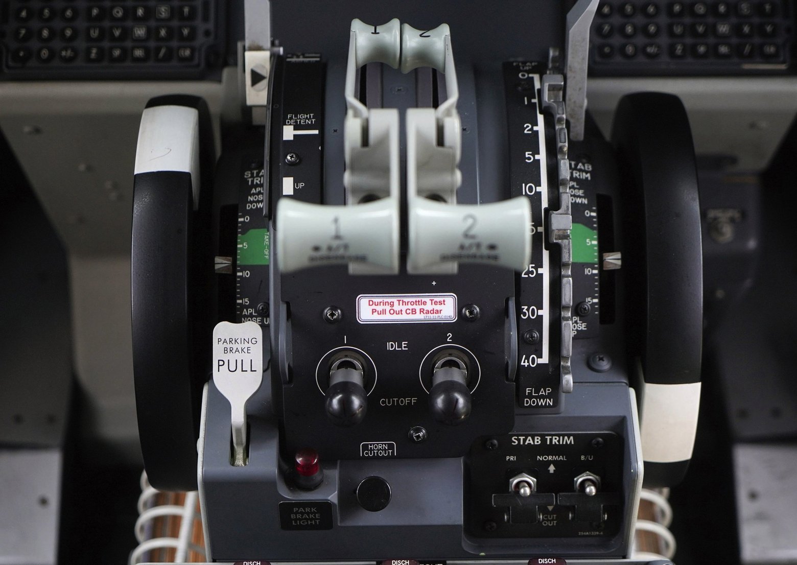 Figure 9. The aisle-stand controls in the cockpit of a Boeing 737 Max. If the two switches shown at the bottom right under the STAB TRIM label are flipped to the cutout position, all automated movement of the horizontal stabilizer is disabled, including MCAS. Source: Dimas Ardian/Bloomberg via Seattle Times (Click image to enlarge)
