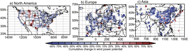 Cumulative changes in wind power potential over a)North America, b)Europe and c)Asia from 1979 to 2016. Source: Purdue University/Chinese Academy of Sciences