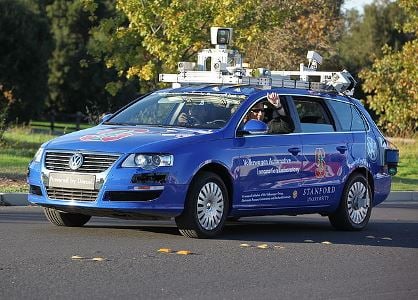 From 2009, this autonomous test vehicle was adorned with rooftop LIDAR and cameras, feeding a server farm in the trunk. Source: Creative Commons, credit Steve Jurvetson